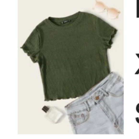 Dark Olive Ribbed Lettuce-Edge Cropped Tee - Picture 3 of 3